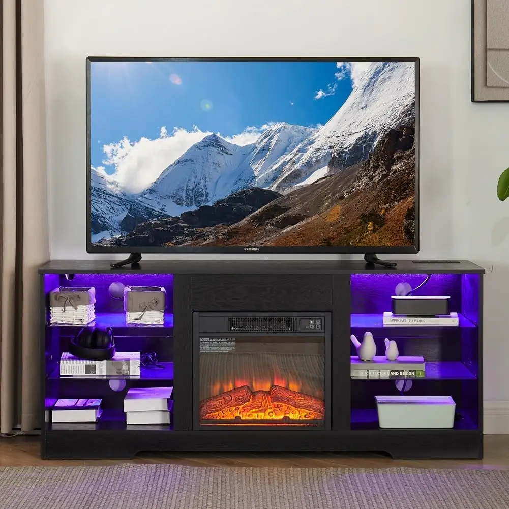 

Fireplace TV Stand for Home Entertainment, Wood and Glass Material, Black, 3D Fireplace with LED Lights and USB Charging Outlet