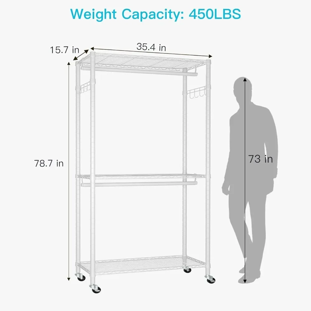 Clothes Rack, 3 Tiers Adjustable with Lockable Wheels, Double Hanger Rods & 1 Pair Hooks, Max Load 450 LBS, Coat Rack