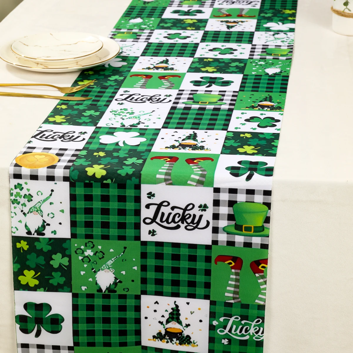 St Patricks Day Table Runners Linen Burlap Shamrock Table Clover Kitchen Dining Table Holiday Party Dinner Decor Green Plaid