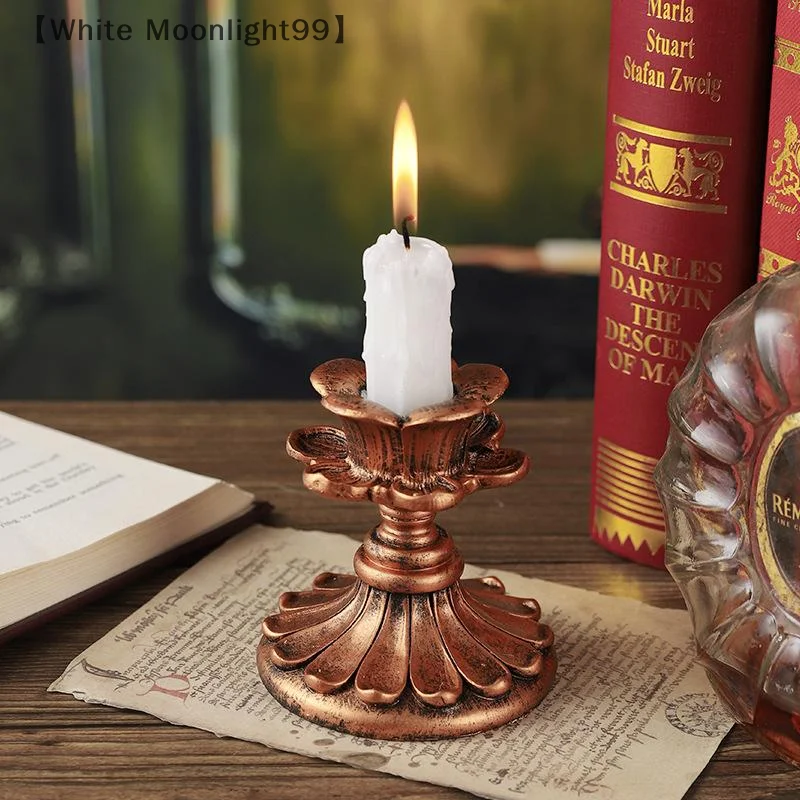 〔White〕Vintage Taper Candle Holders Antique Bronze Finish Resin Candle Sticks For Wedding Dinner Party Table Centerpiece Decor