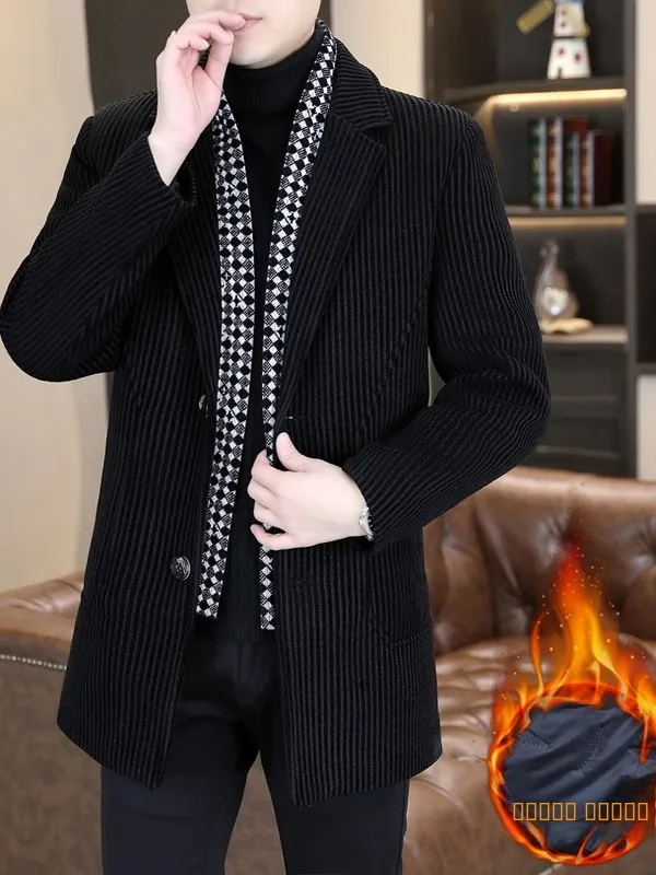 

Men's Woolen Coat Mid-Length Winter Warm Cotton Added Suit Collar Scarf Fake Two-Piece Sle Windbreaker Casual Loose Fit