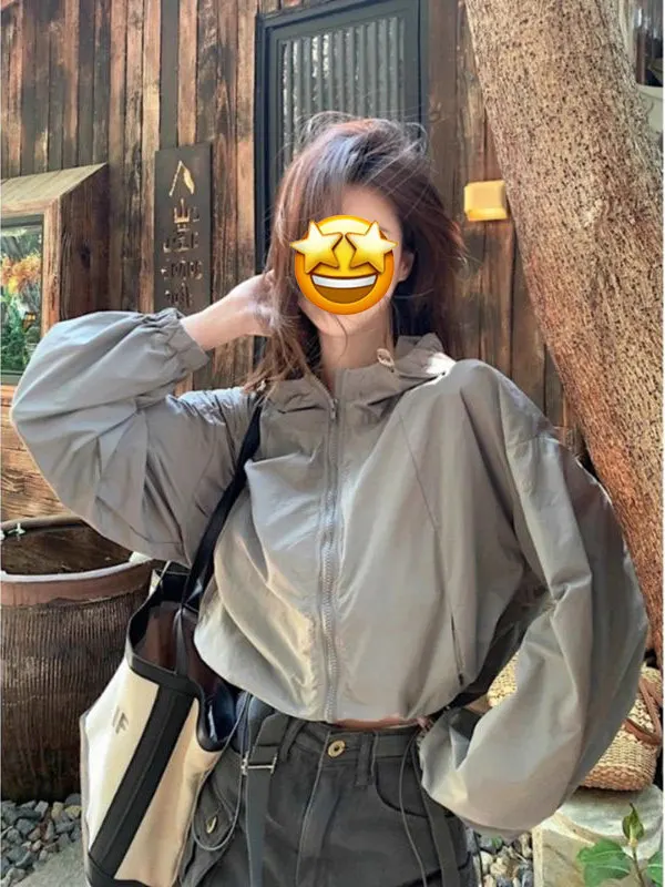 

Retro American Stand Collar Women's Sun Protection Clothing Summer New Dstring Zipper Long Sve ort Sport Coat