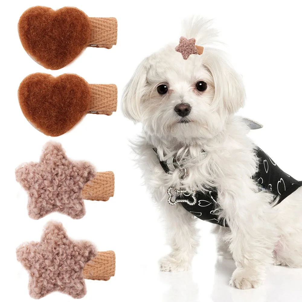 2/4PCS Plush Dog Bows With Clips Puppy Hairpins Coffee Style