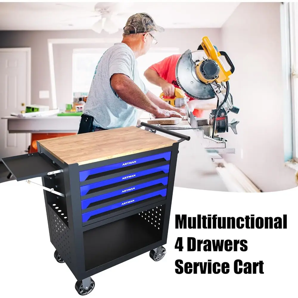 ตู้เครื่องมือแบบมีล้อเลื่อน 4 ลิ้นชัก พร้อมท็อปไม้ สีน้ำเงิน สำหรับงานช่างในโรงรถและร้านซ่อม