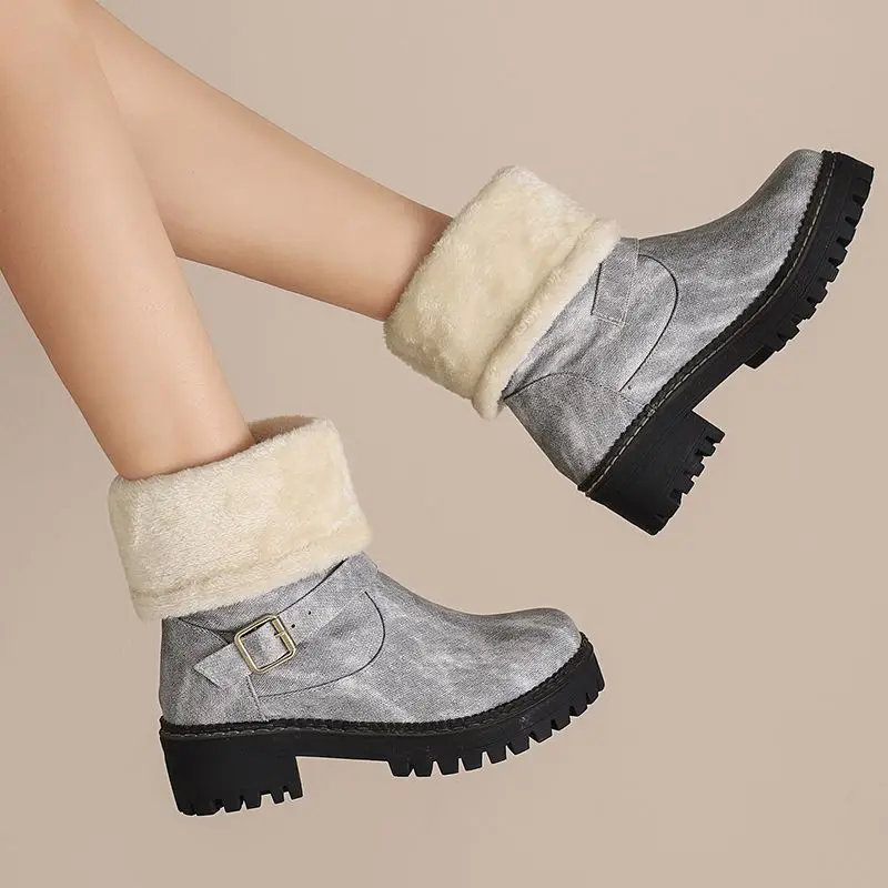 ASILETO Winter Warm Boots for Women Round Toe Block Heels 5cm Platform Belt Buckle Big Size 42 43 Casual Daily Booties image 5