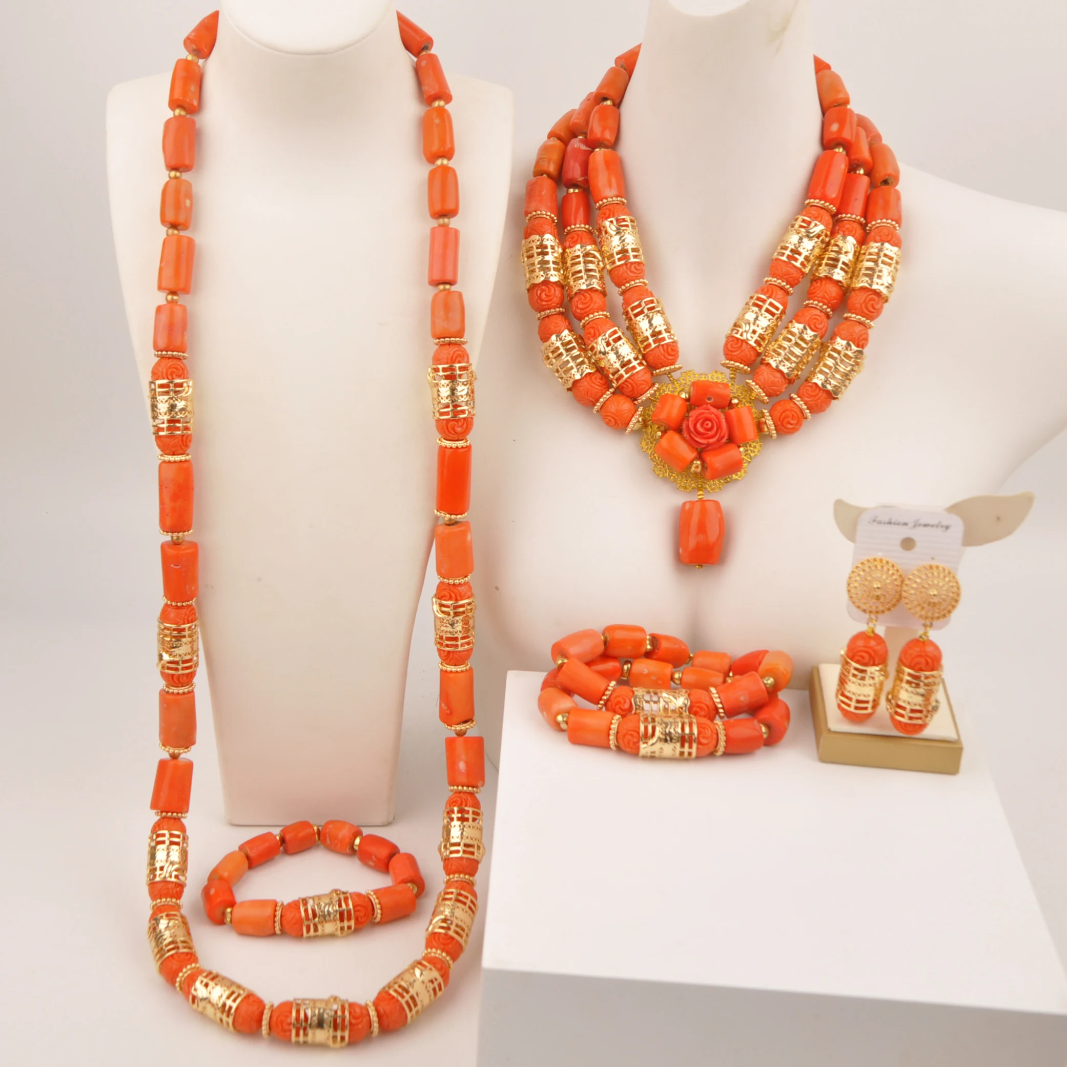 Nigerian Traditonal Wedding African Orange Coral bead Jewelry Set for Couple