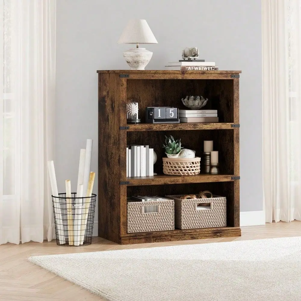 

3 Tier Farmhouse Bookcase, 40 In Tall Book Shelf With Storage, Farmhouse Book Shelf Wooden Bookshelves 3 Shelf Display Shelves