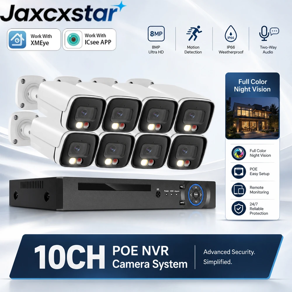 10CH POE NVR CCTV System 8MP Ultra HD Dome IP Camera Two-Way Audio Full Color Night Vision IP66 ICsee APP POE Surveillance Kit