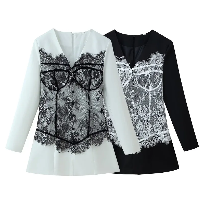 

Dress Autumn/Spring Women's V-neck Long Sleeves Patchwork Contrast Colouring Lace New Comfortable Fashionable Versatile Designer
