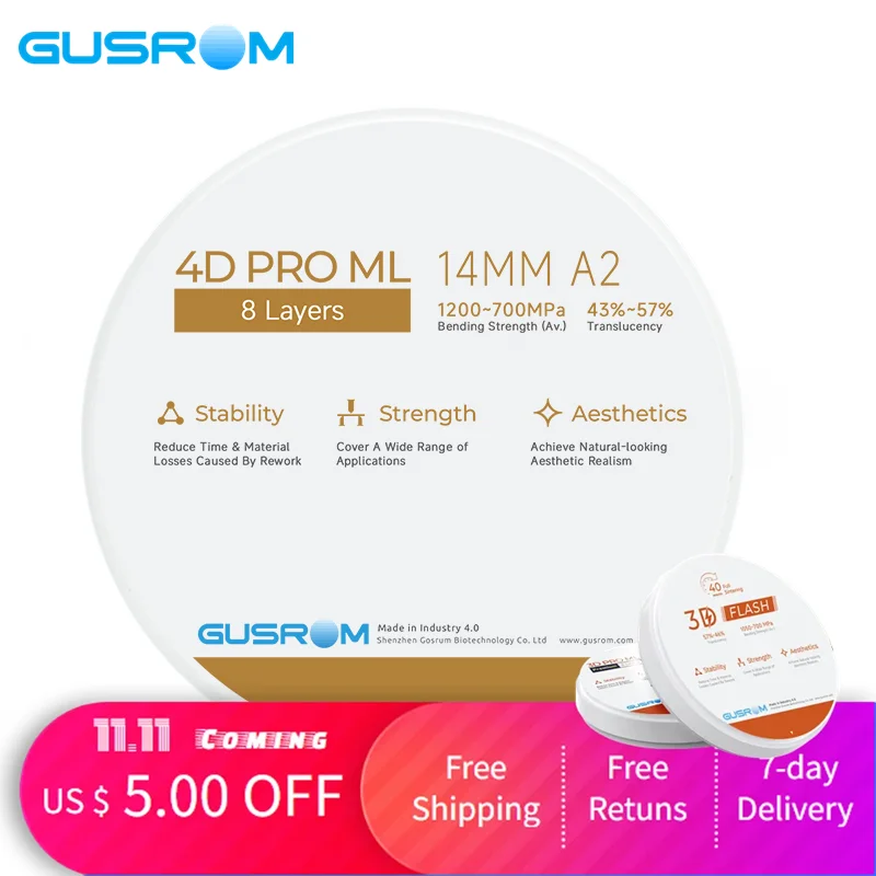 

Gusrom 4D PRO Zirconia Block 98*14mm-98*18mm Zirconia Block for Dental Lab CAD CAM Dentistry Material
