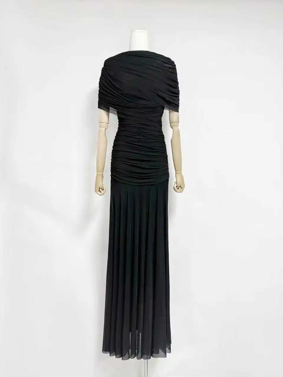 VGH Luxury Galas Event Black Sheer Mesh Ruched Maxi Dress for Women O Neck Short Sleeves Bodycon Silhouette Skirt for Red Carpet view 5