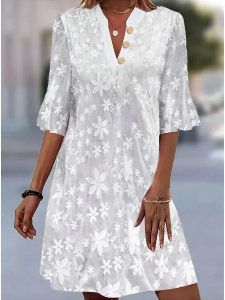 

Summer White Loose Dress Lady Fashion V Neck Ruffles Button Loose Pullover Dresses For Women Elegant Holiday Party Clothes New