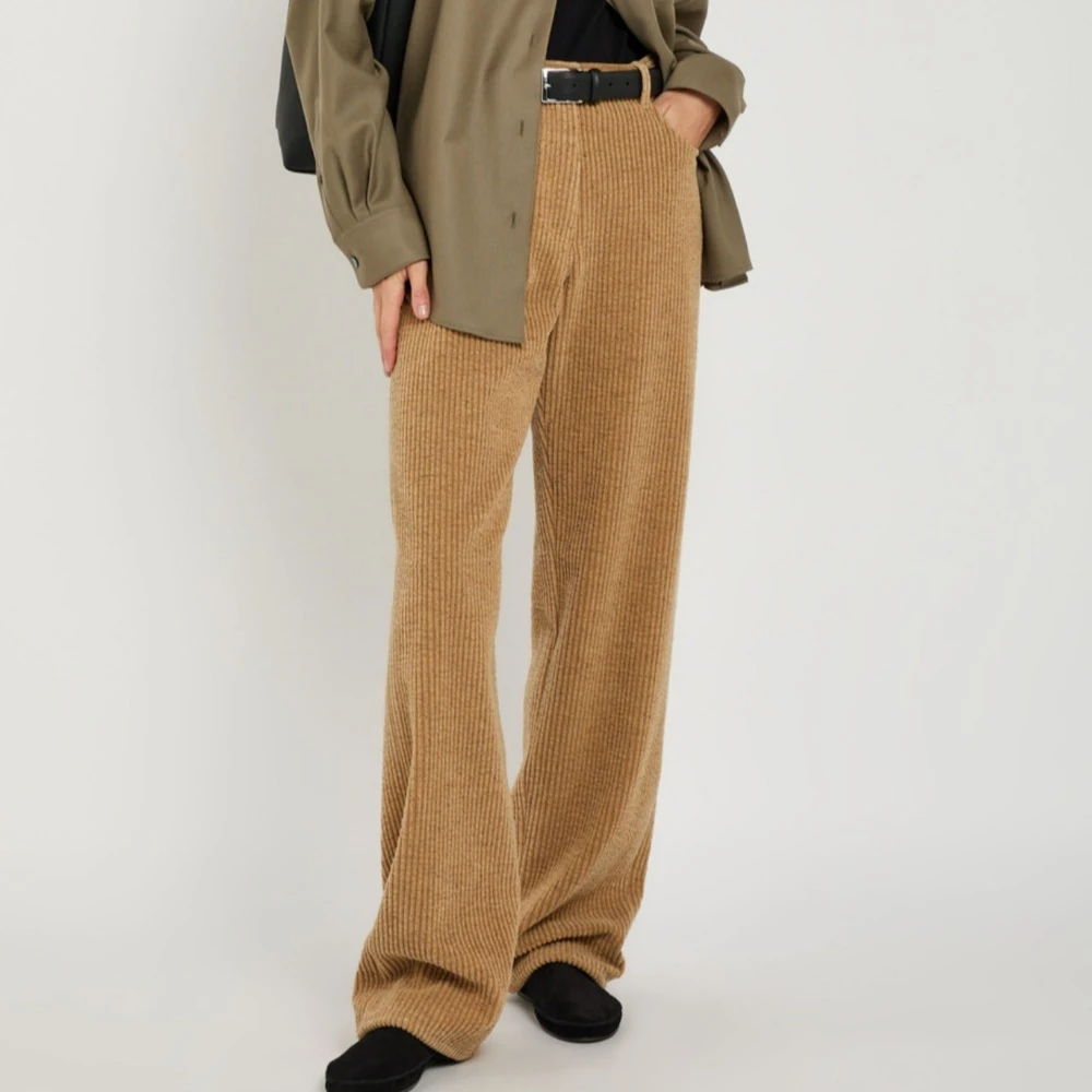 Coffee-colored High-waisted Cotton Simple and Elegant Thick Corduroy Straight-cut Casual Pants