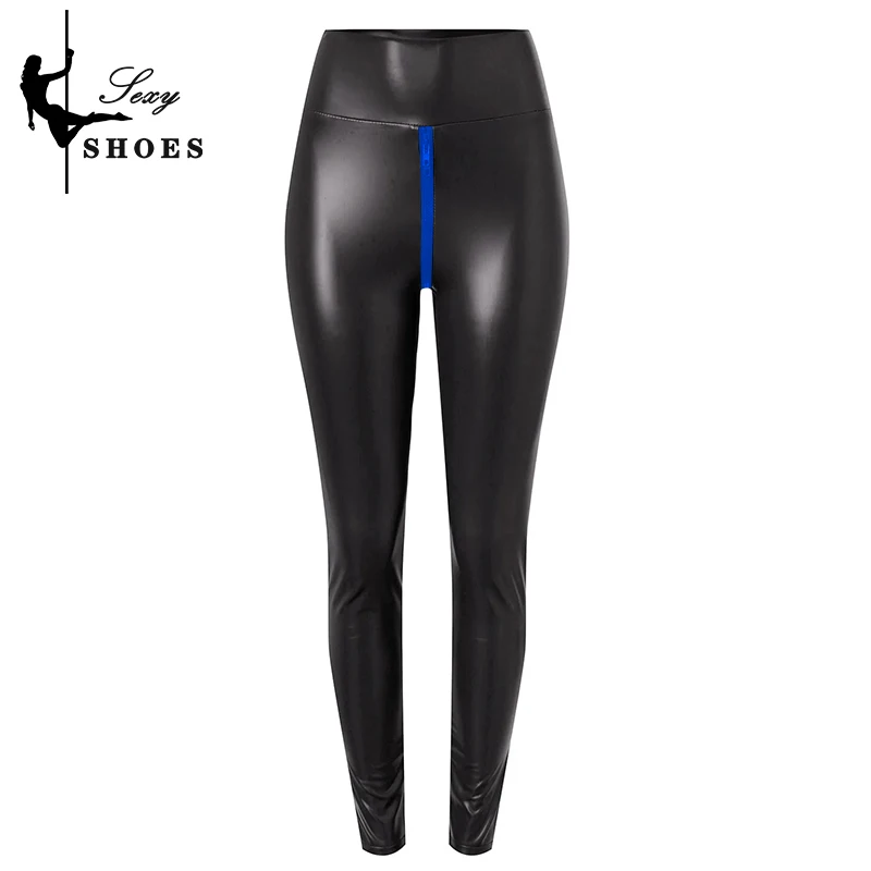 Large Sexy Black Matte Faux Leather Open Crotch Shorts Pants Women Exotic Bodycon Trousers Wetlook Slim Nightclub Custom Zipper