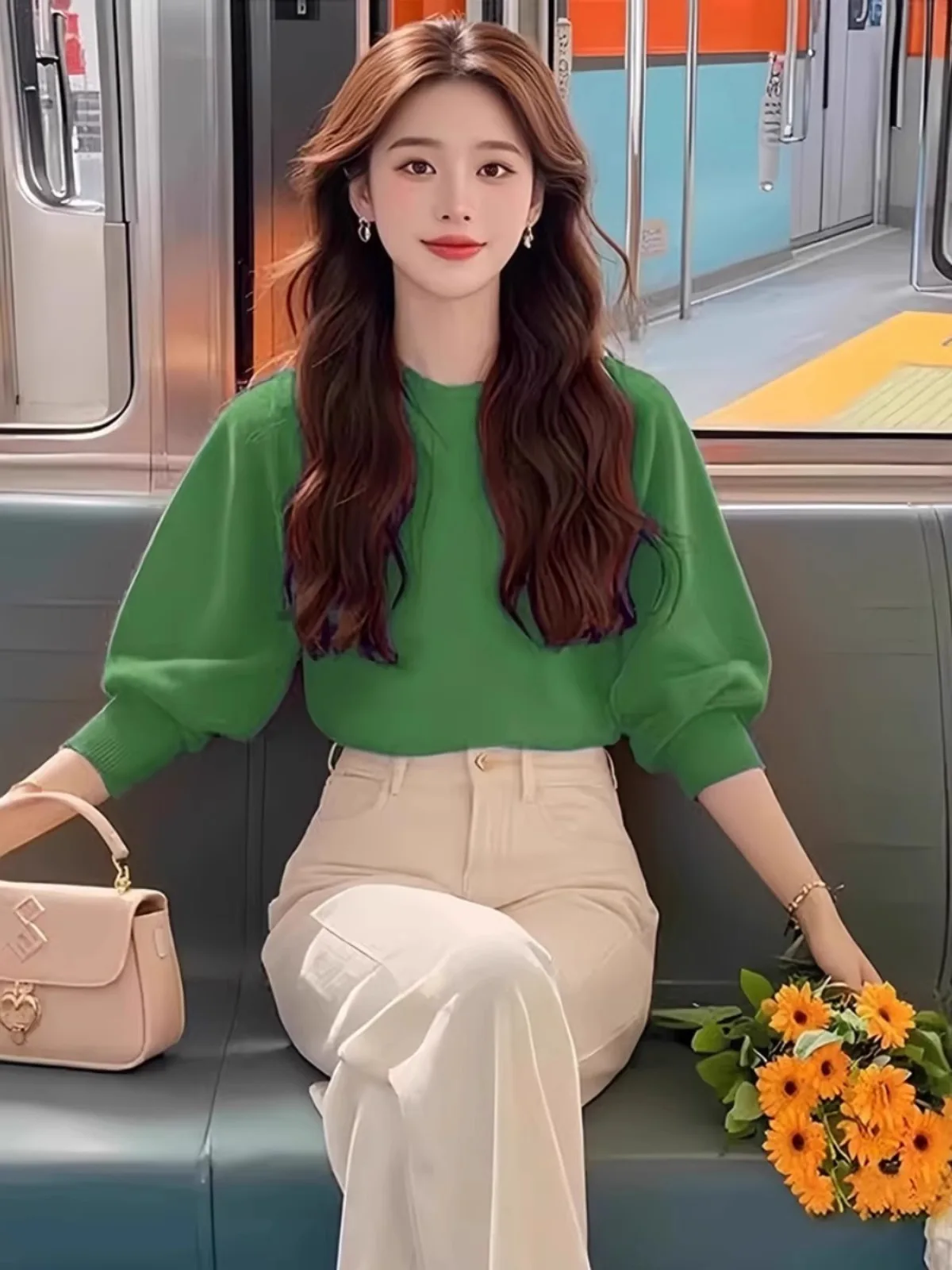 

Early Autumn een Bubble Long Sve Knitted Sweater Women's 2024 New Korean Sle Aosphere Lazy Top Loose Fit round Ne