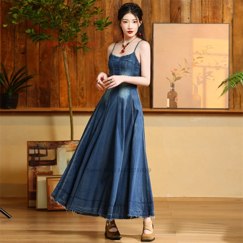 2024 chinese traditional dress vintage sleeveless denim dress oriental retro sundress elegant a-line dress feminino streetwear