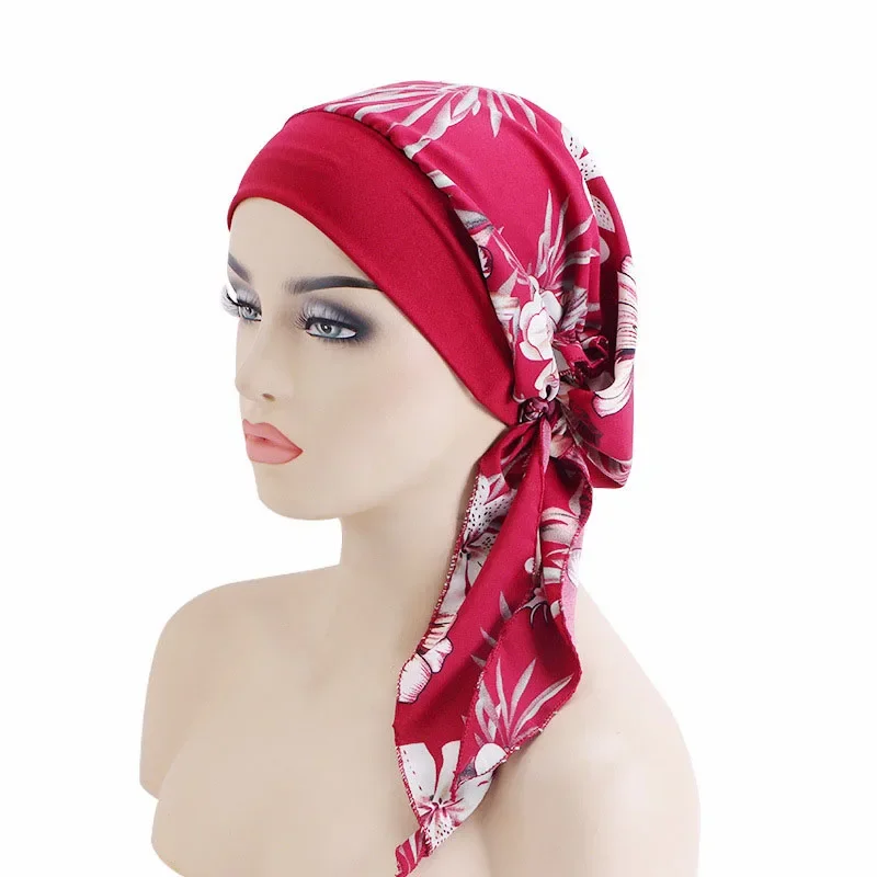Pre-Tied Women Chemo Inner CapTurban Muslim Hijabs Printed Headscarf Hair Loss Caps Cover Beanies Cancer Femme Hat Headwear Wrap