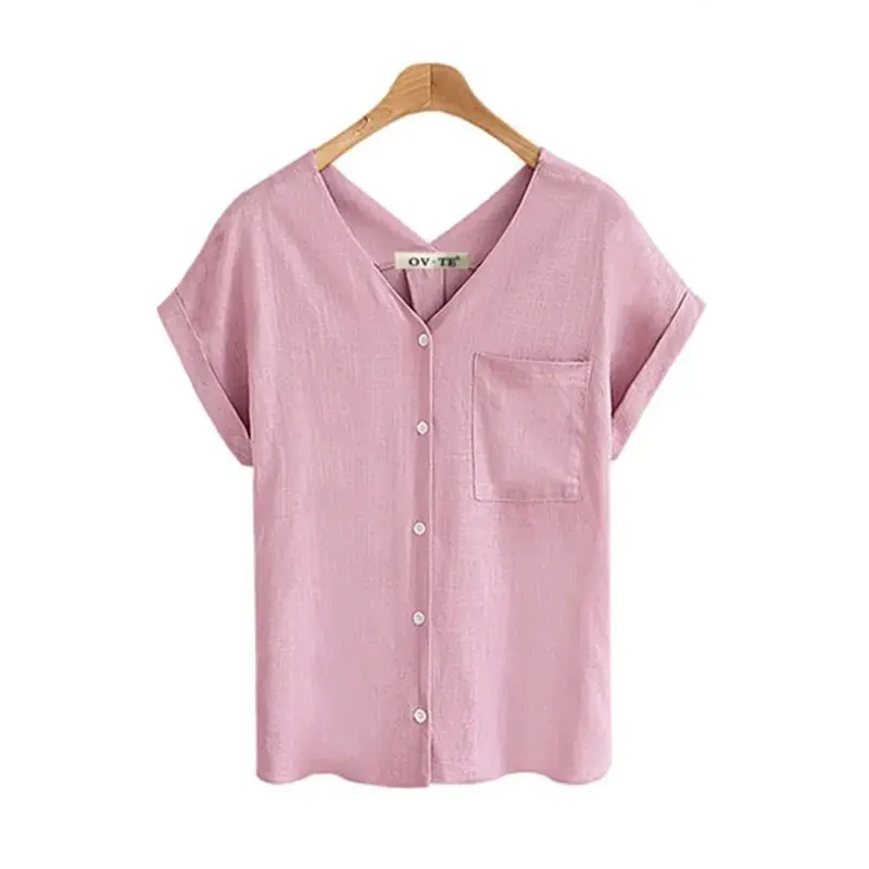 

Summer V-Ne Women's irt Casual Cotton Linen Top Fem Faion Pin Other Material 00%