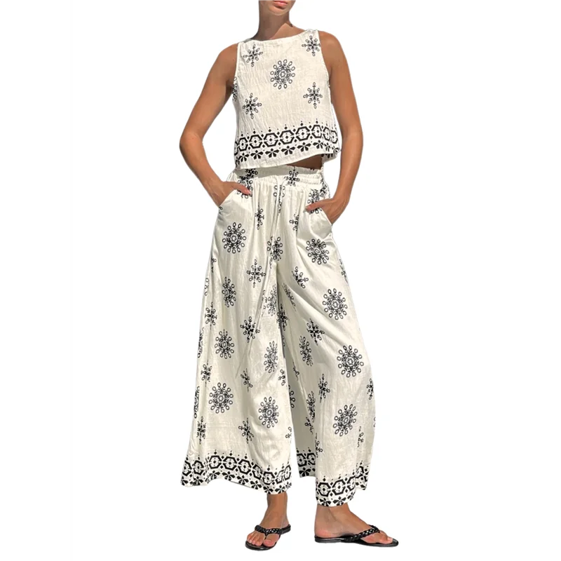 

A83F-Womens Boho Floral Y2k Summer 2 Piece Outfits Tank Tops And Wide Leg Pants Set