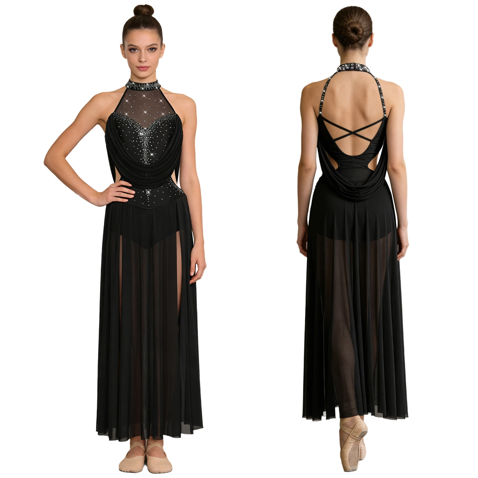 Justaucorps de danse moderne pour femmes, sans manches, à col halter, avec strass et maille, pour patinage, gymnastique, acrobaties et spectacles