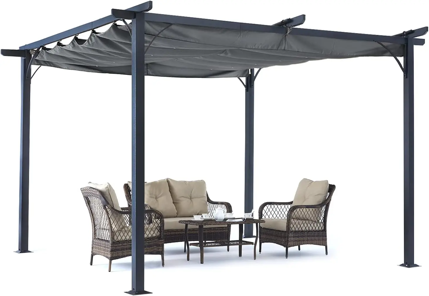 Patio Pergola 11x11 Outdoor Sun Shade Canopy with Retractable Shade for Garden Porch Backyard Dark Gray Durable Fabric