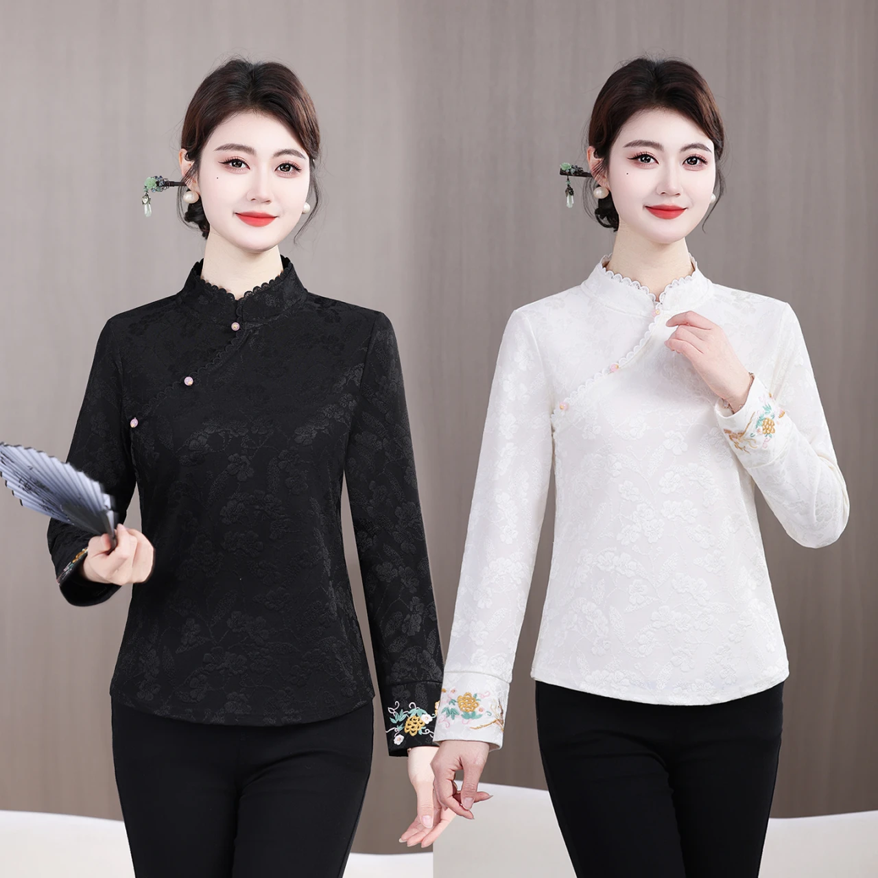 

Blouse Women Shirt Chinese Style Button Up Top Casual Woman Blous Retro Plate Buckle Shirt Stand Collar embroidery Female Shirt