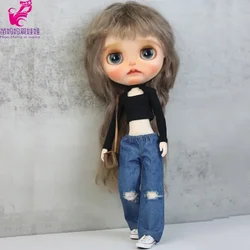 Blythe Doll Clothes Ripped Jeans And Pink White Black T-shirt For Doll OB24 Azone Doll Outfits