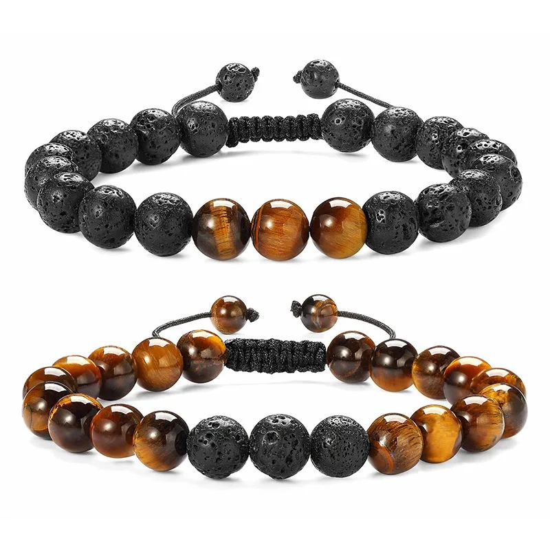 

Quality Braided Stretchy Bracelets Natural Tiger Eye And Lava Rock Stone Beaded Bracelet Unique Handmade Good Luch Wrist Jewelry