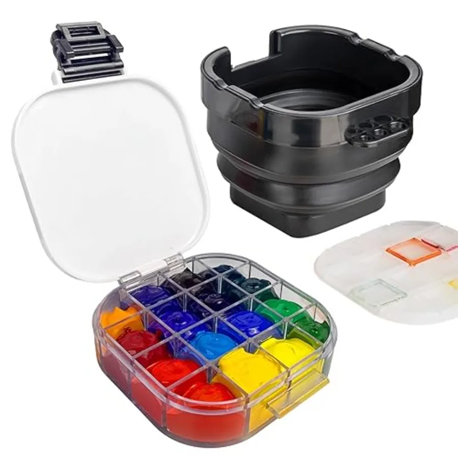 

Paint Palette, Airtight 16 Wells Storage Palette Box with Lid and Folding Paint Brush Basin for Watercolor, Gouache and Acrylic