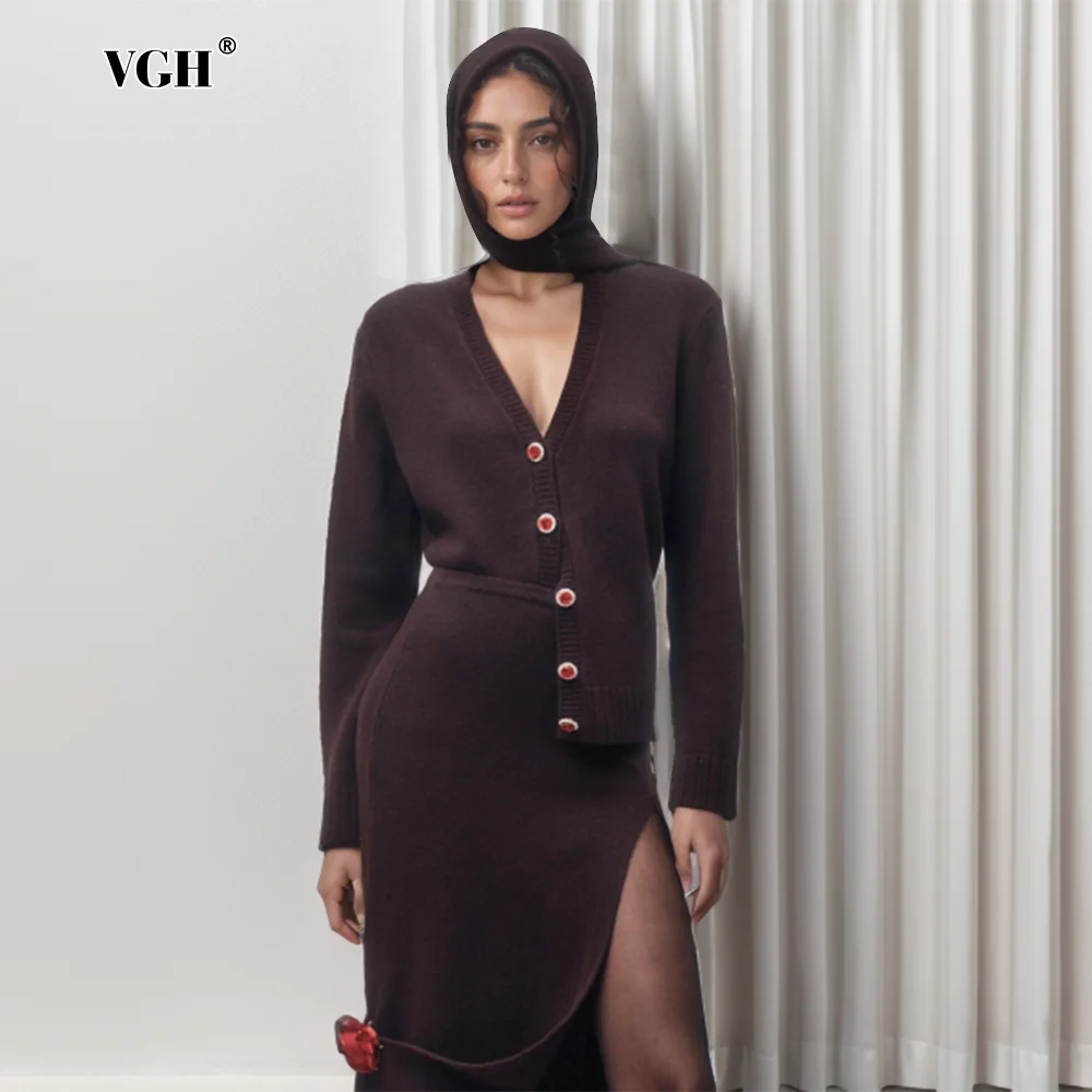 

VGH Casual Soild Knitting Sweater For Women Scarf Neck Long Sleeve Spliced Single Breasted Vintage Sweater Female Fashion Style