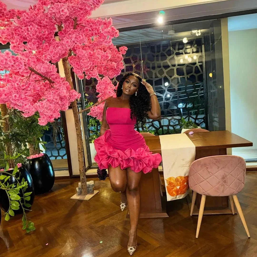 

Black Girl Prom Dresses Ruffle Bottom Off the Shoulder Sexy Prom Gowns Fuchsia Women A Line Formal Dress Custom Made