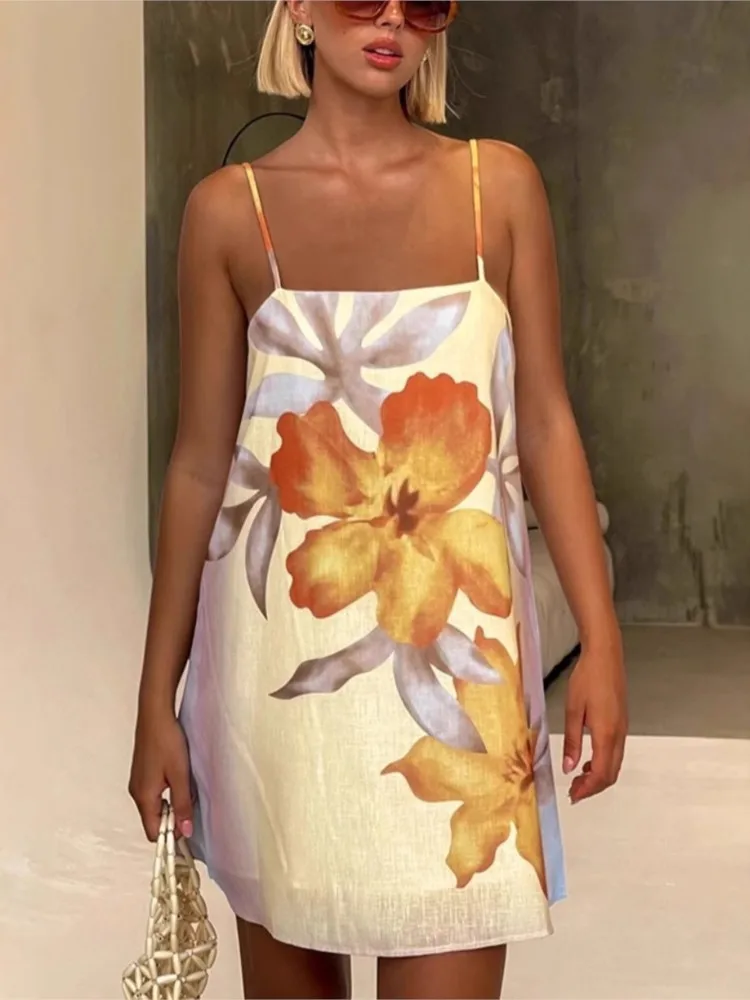 

Women's Sexy Suspender Bohemian Floral Print Dress Sleeveless Strap Loose Mini Dress Summer 2025 New Fashion Female Beachwear