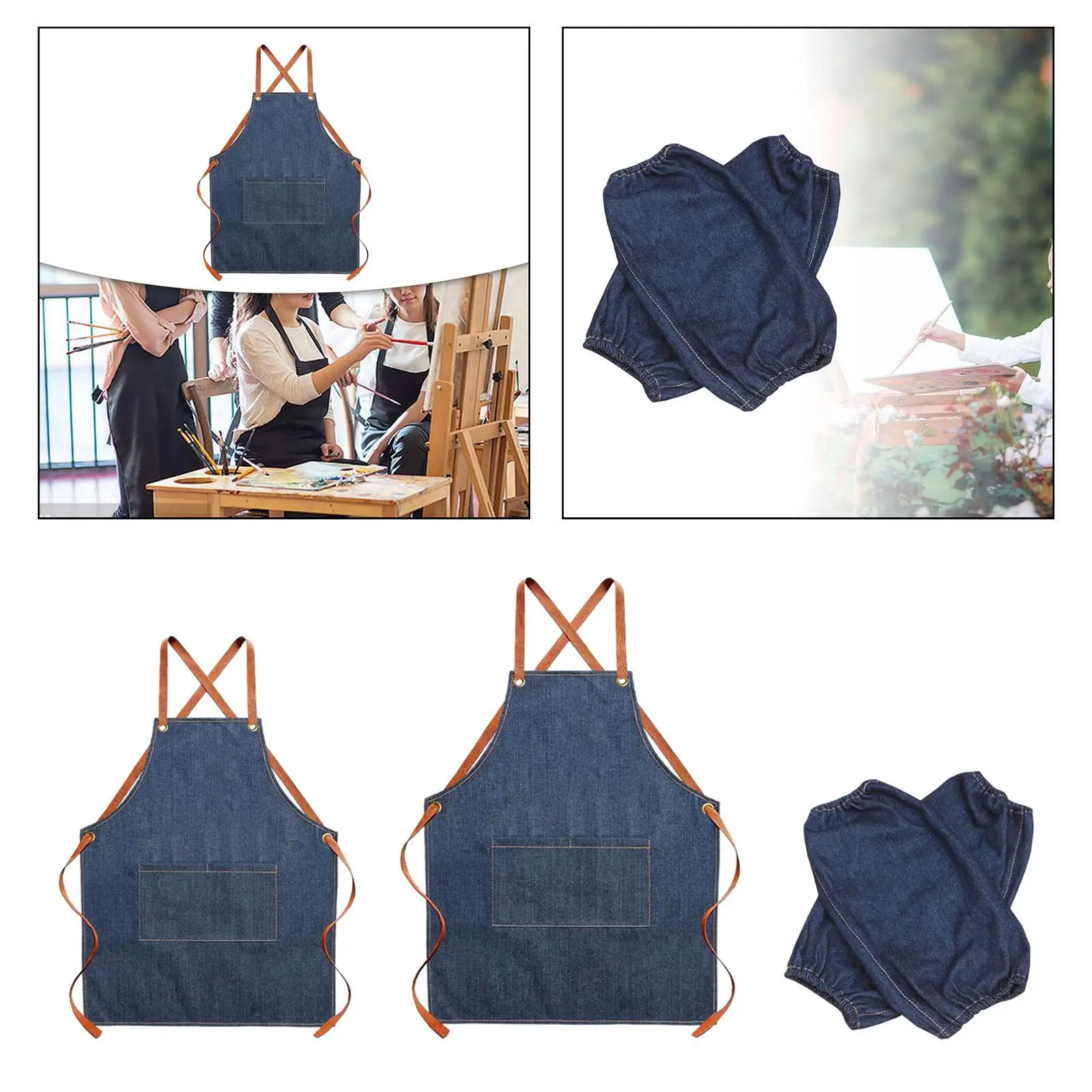 Denim Apron Cross Back Cooking Apron Children Unisex Adult with Large Pocket