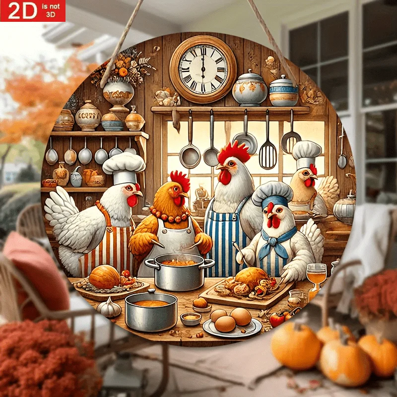 Arte de pared de cocina de madera plano y circular 2D: decoración de estilo rural con pollitos de chef de dibujos animados, hojas de otoño y utensilios de cocina