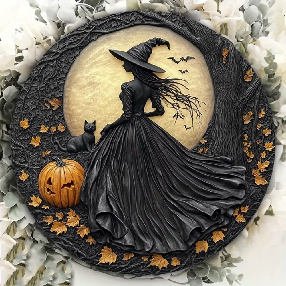 

Aluminum Vintage Halloween Wall Art, Witch, Cat, Pumpkin, Moon, Bat Decorative Plaque with Autumn Leaves Design, Halloween Decor