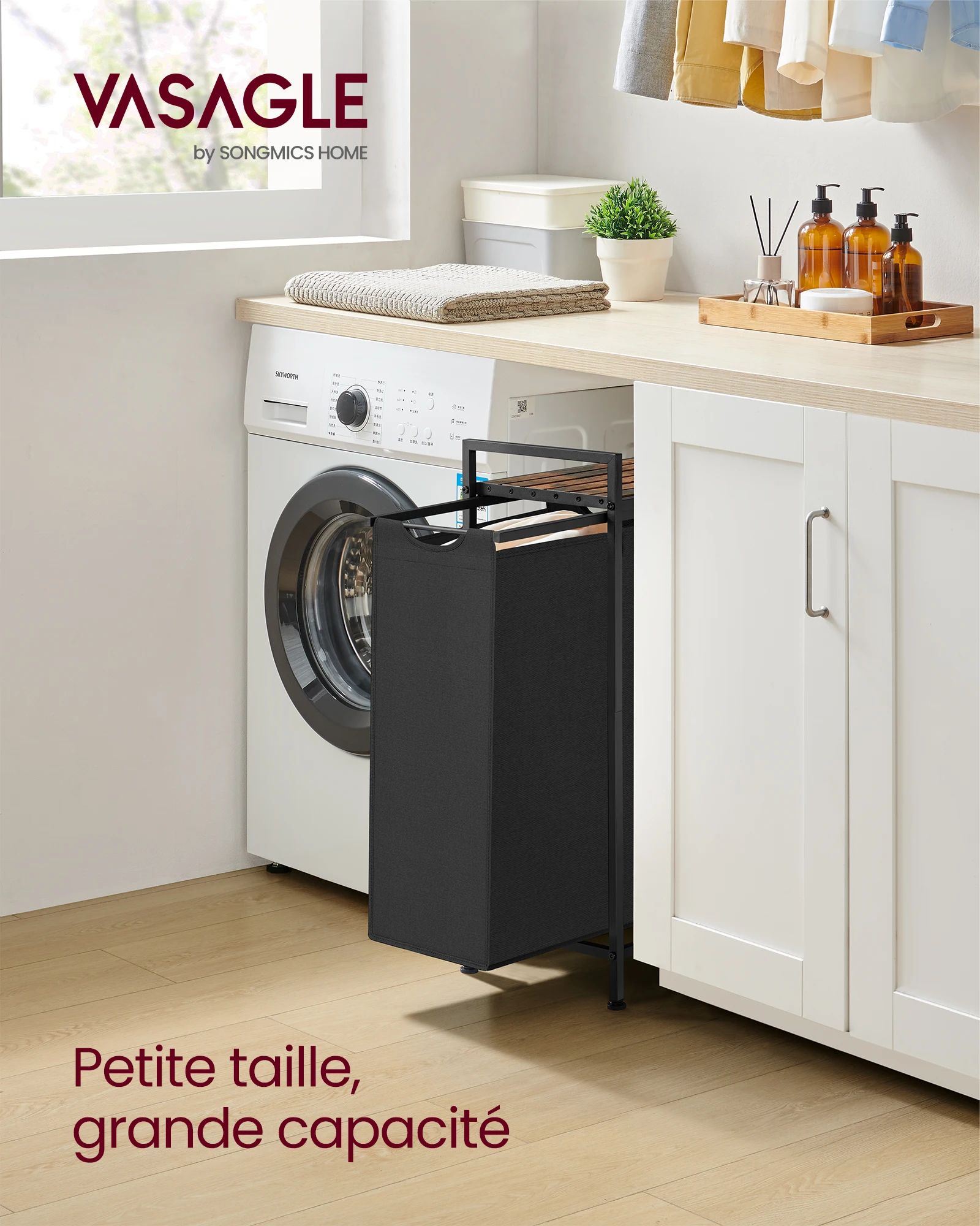 VASAGLE Panier à Linge, Corbeille à Linge Sale, Rangement 1 Compartiment, 1 Sac Amovible en Tissu Oxford, Étagère, Cadre en Métal, 47 L, 42 x 28 x 75 cm