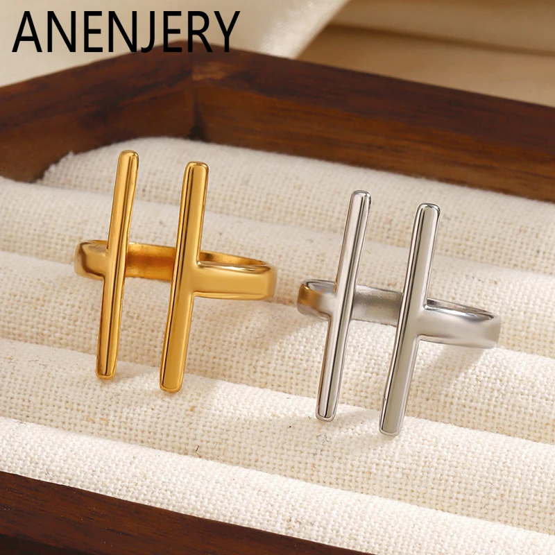ANENJERY 316L Stainless Steel Geometry Lines Open Ring For Women Men Simple Fashion Versatile Party Jewelry Gifts Wholesale