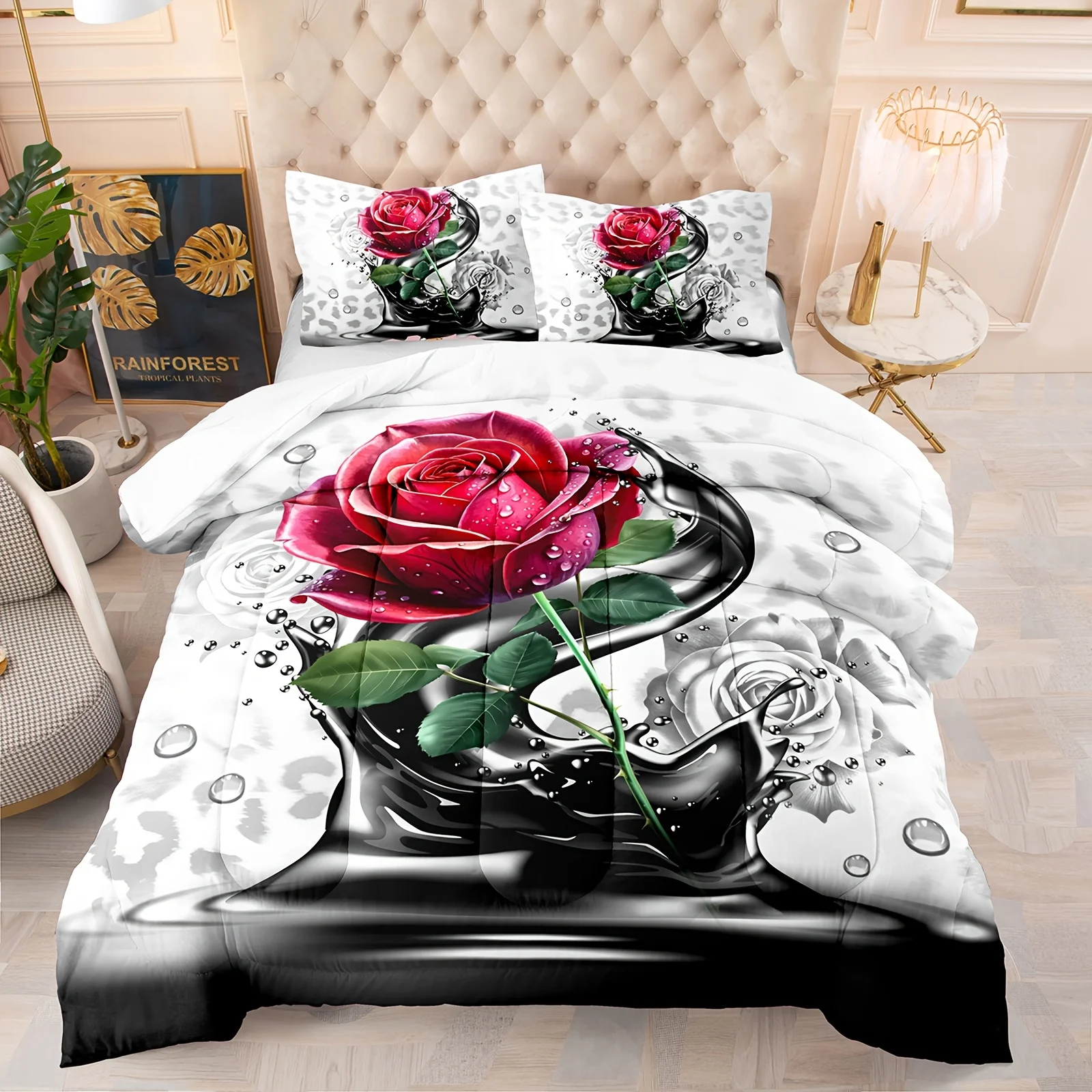 3D Red Rose Comforter Set For Women Leopard Bedding Set For Couple Adults Blossom Flowers Quilt Set Chic Romantic Elegant Floral