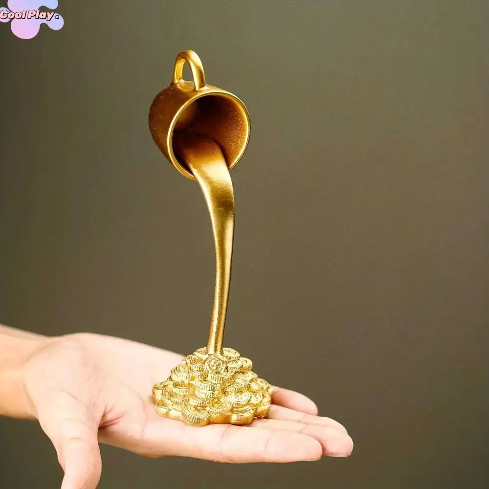 Liquid Gold Floating Mug Figure Novelty Coin Spilling Coffee Ornaments Funny Pouring Floating Coffee Cup Figurines Home