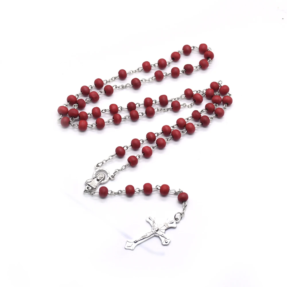 Scented Wine Red Wood Bead Crucifix Pendant Rosary Necklace Box Set For Women Men