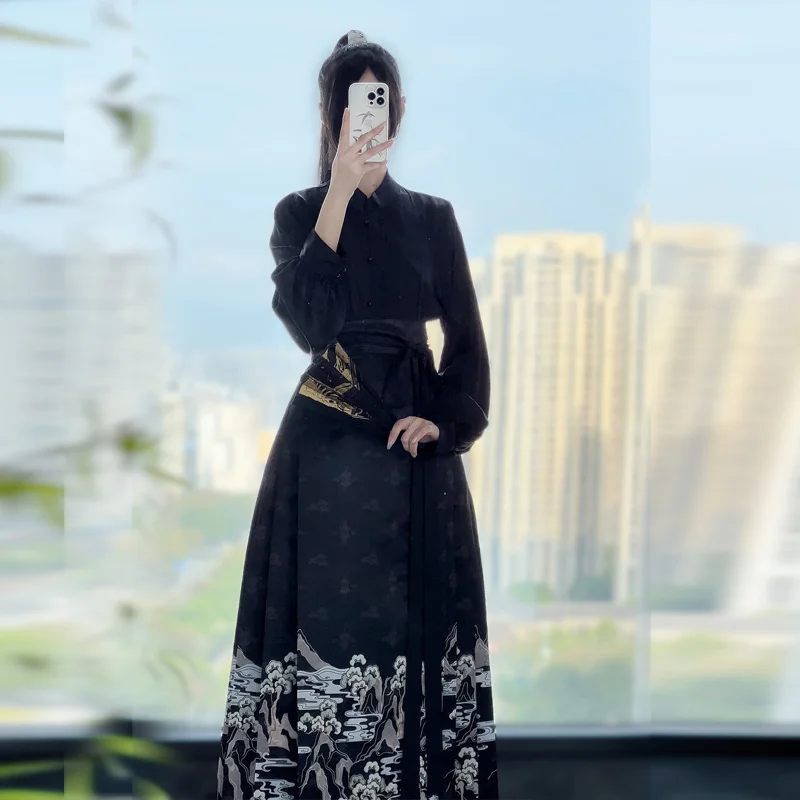 Hanfu Ming Dynasty Horse Face Skirt Women Pleats Skirt Black Blue Red Shirt+Skirt Sets Chinese Traditional Hanfu Skirt Plus Size