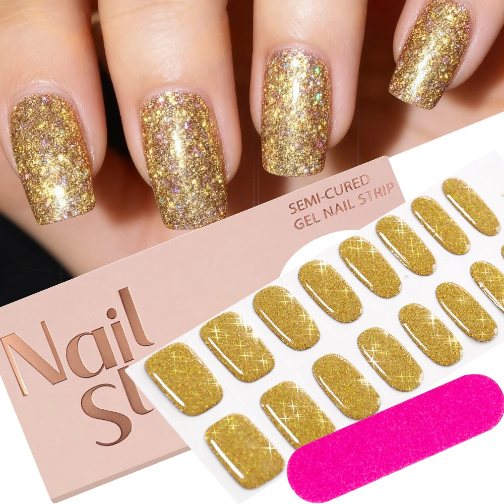 2 Blatt 32 Spitzen halbgehärtete Gel-Nagelaufkleber, glitzernde einfarbige Nagelstreifen mit vollständiger Abdeckung, UV-Lampe, selbstklebende Maniküre-Gel-Abziehbilder