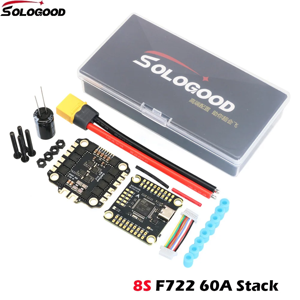 

SoloGood 2-8S F722 60A Stack ICM42688P F722 Flight Controller BLHELI_S 60A 4in1 ESC 30.5X30.5mm for RC FPV Freestyle Drones Part