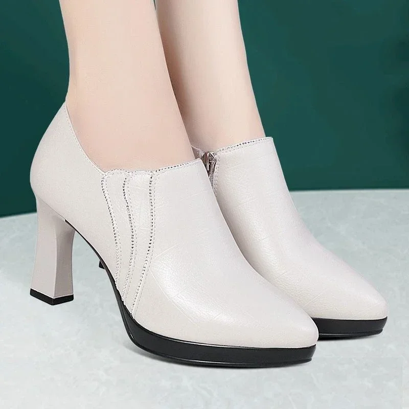 Comfortable 6.5cm  8.5cm Deep Mouth Soft Leather Shoes Women\'s Pumps 2025 Fall Block High Heels Shoes for Office Model Mom