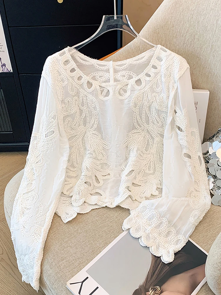 Ele Long Sve مطرز بالدانتيل irt المرأة فضفاضة عادية Sle ربيع الخريف جديد الحلو Sle تنفس البوليستر irt