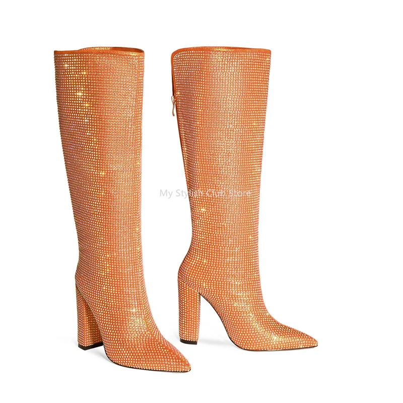 Rhinestone Boots Woman Orange 11Cm Square Thick Heels Shoes Straight Tube Full Diamond Knee Boots Europe Elegant Morden Boots image 3