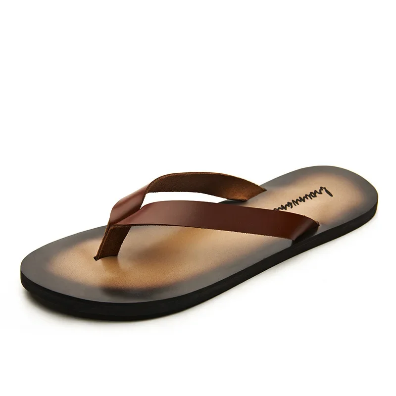 Classic Genuine Leather Mens Slippers 2026 Summer New Outdoor Handmade Comfortable Quality Beach White Flip Flops Flat Shoes Man