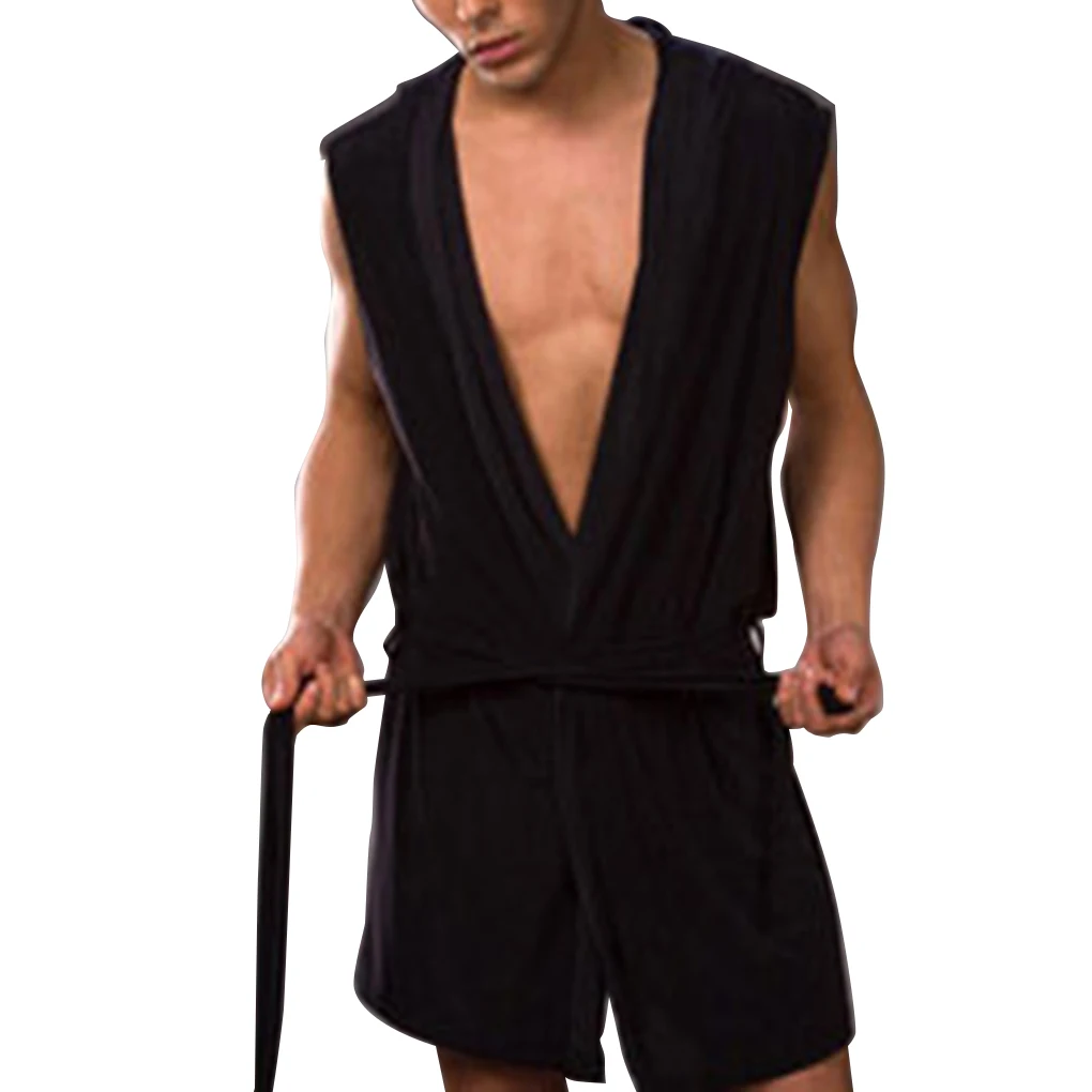 

Men Summer Bathrobe Silky Hooded Sleeveless Bathrobe Sleepwear Pajamas