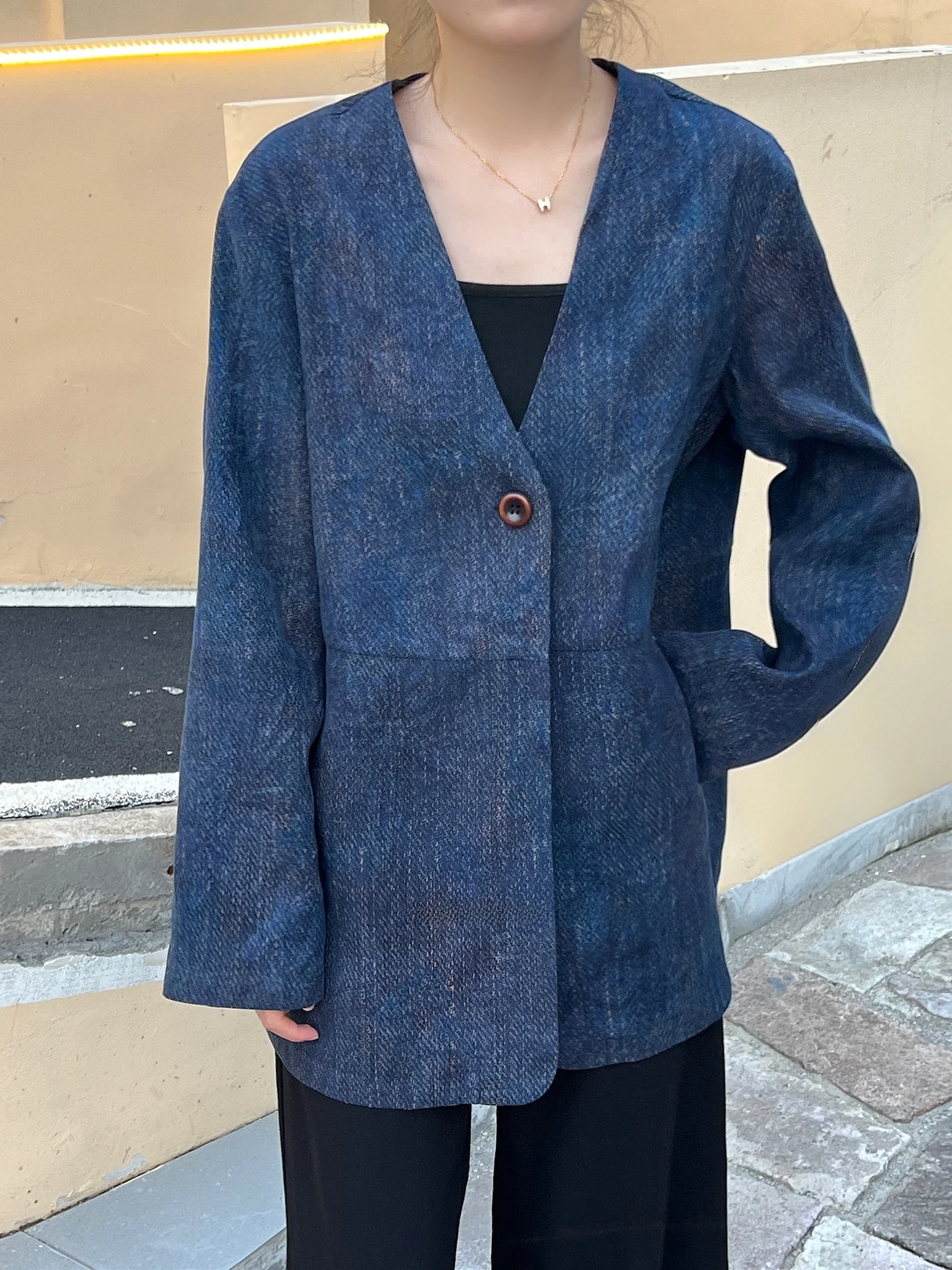 

Blue Denim Silk Suit Jaet 50 Momme Sericulture Faionable Casual Commute Ready Pure Silk V Ne Long Sve Single Button