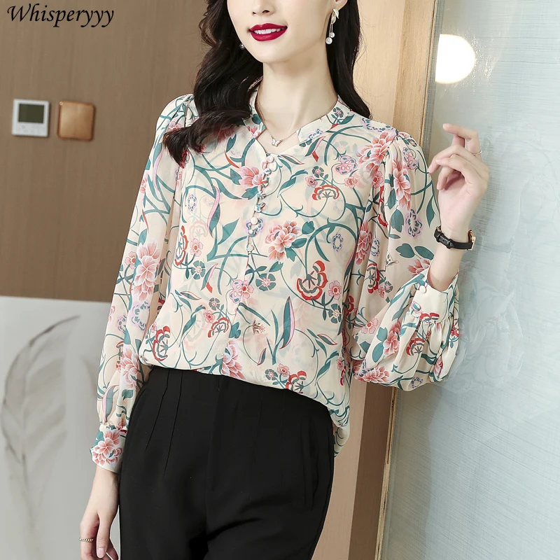 Printed Long-sleeved Shirt Women Clothes Spring Summer New Temperament Fashion Casual Office Tops Female Stand Collar Blouse